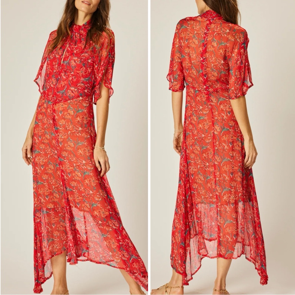 Natalie Martin Tiffany Dress Red Floral Chiffon Watercolor Size Small